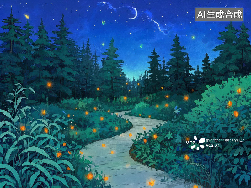 【AI数字艺术】夜森林中的萤火虫小径图片素材