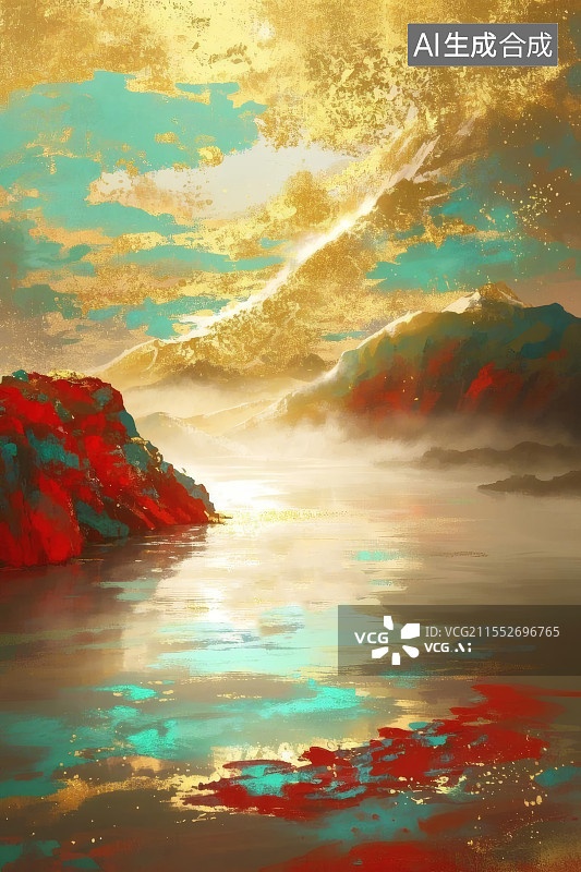【AI数字艺术】金霞映水畔 红岩伴远山图片素材