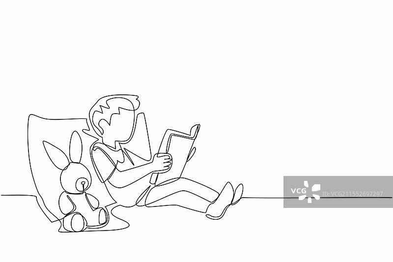 男孩靠在枕头上的单线画图片素材