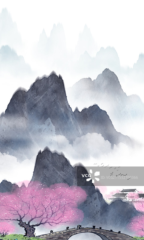 春天桃花山水水墨风景插画图片素材