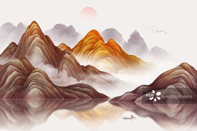 山水风景新中式水墨山水画插画装饰画图片素材