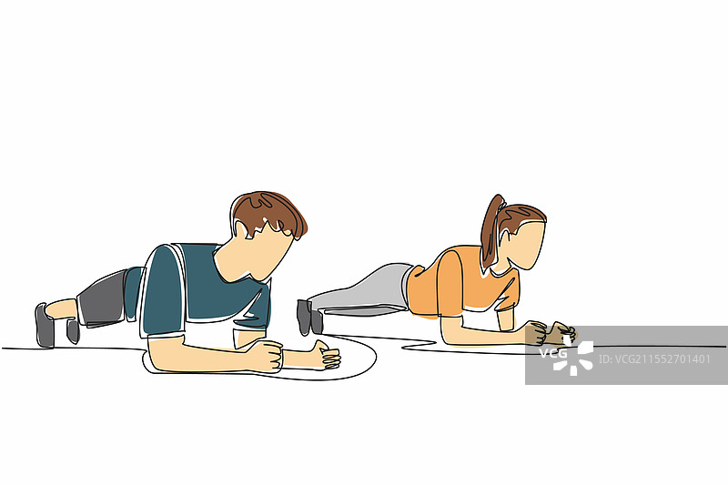 年轻情侣做平板支撑的连续一笔画图片素材