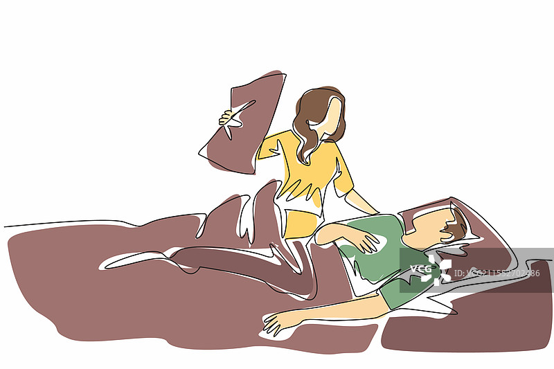 单线画的妻子抱着枕头图片素材