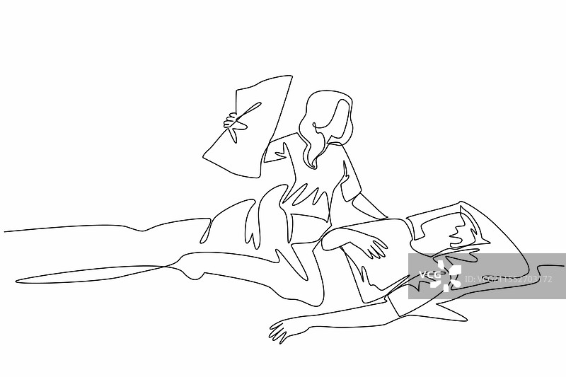 单线画的妻子抱着枕头图片素材