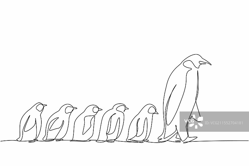一笔画的成年企鹅在行走图片素材
