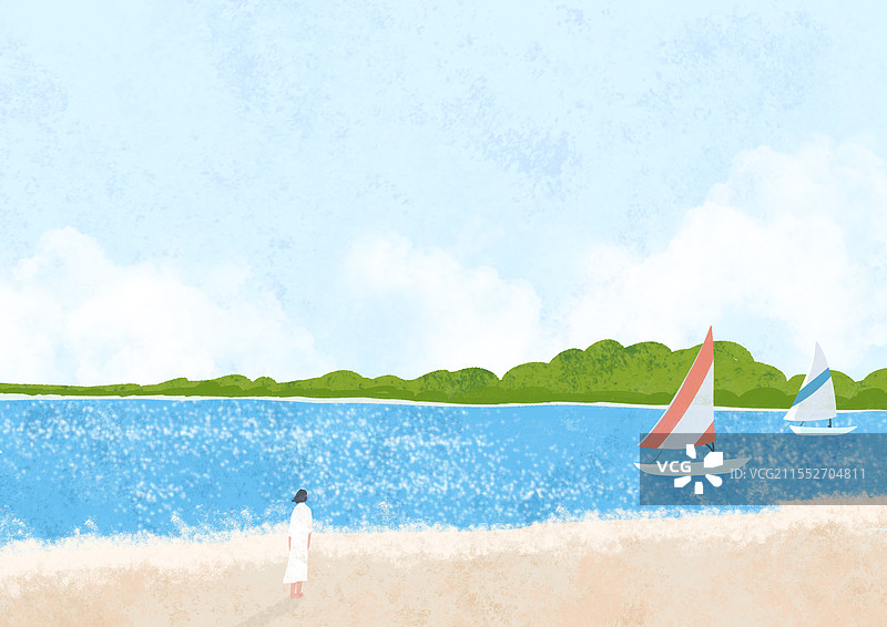 一个人的海边风景插画图片素材
