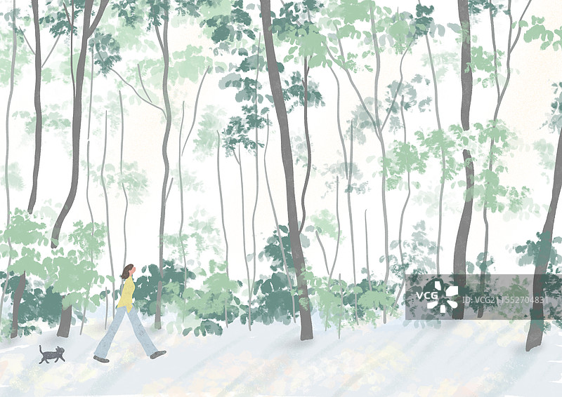 森林里散步的人风景插画图片素材
