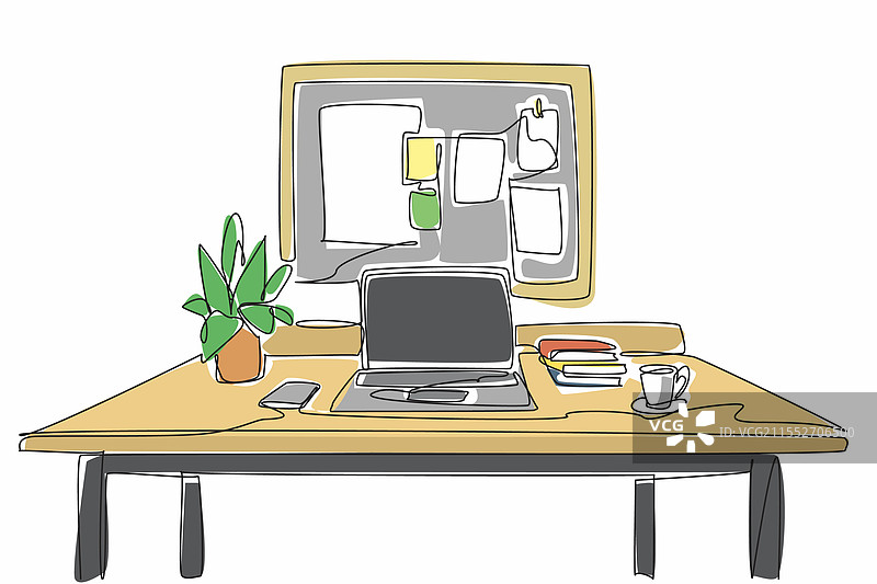 单一连续线条绘制的工作桌配备齐全图片素材