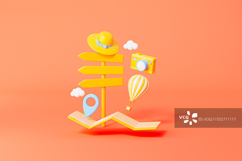 三维渲染的旅游题材地图和路标热气球以及相机遮阳帽图片素材