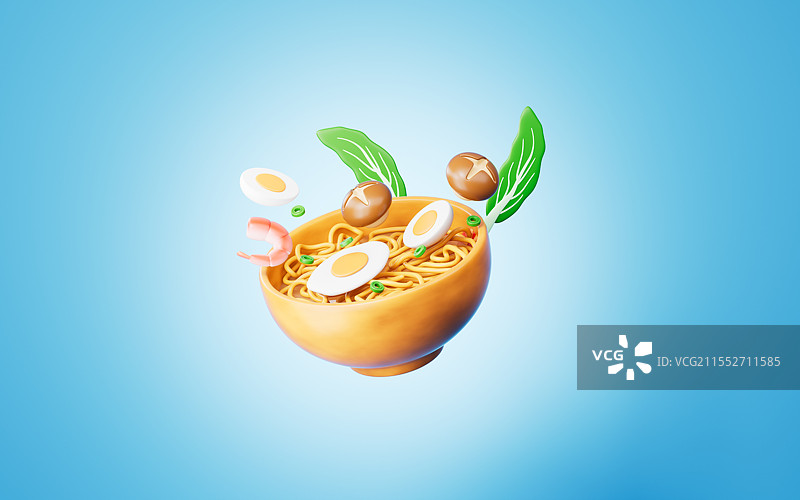 三维渲染的蓝色背景下的面条拉面图片素材