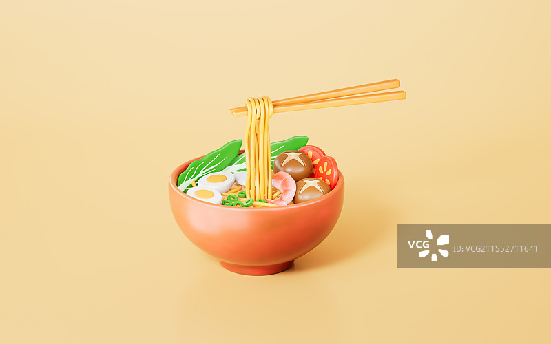 三维渲染的黄色背景下的面条拉面图片素材
