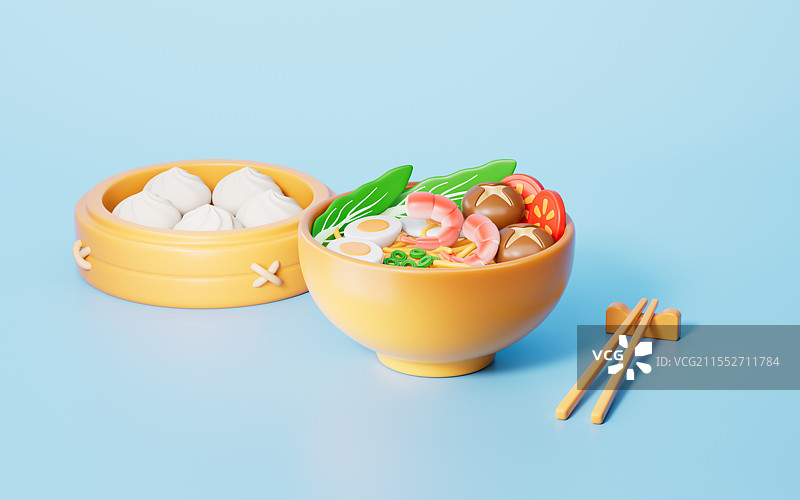 三维渲染的蓝色背景下的面条拉面图片素材