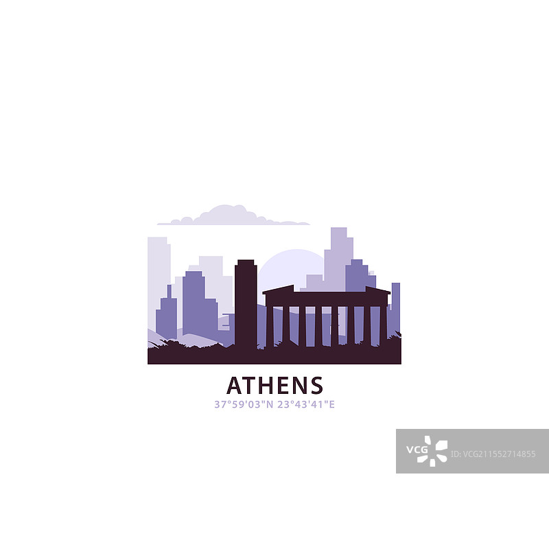 雅典标志与城市天际线复古图标图片素材
