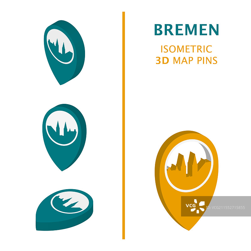 德国不来梅3D标志集等距地图图钉图片素材