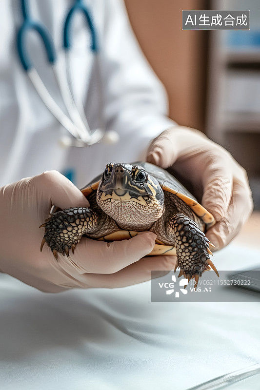 【AI数字艺术】兽医温柔捧起就诊的小乌龟图片素材