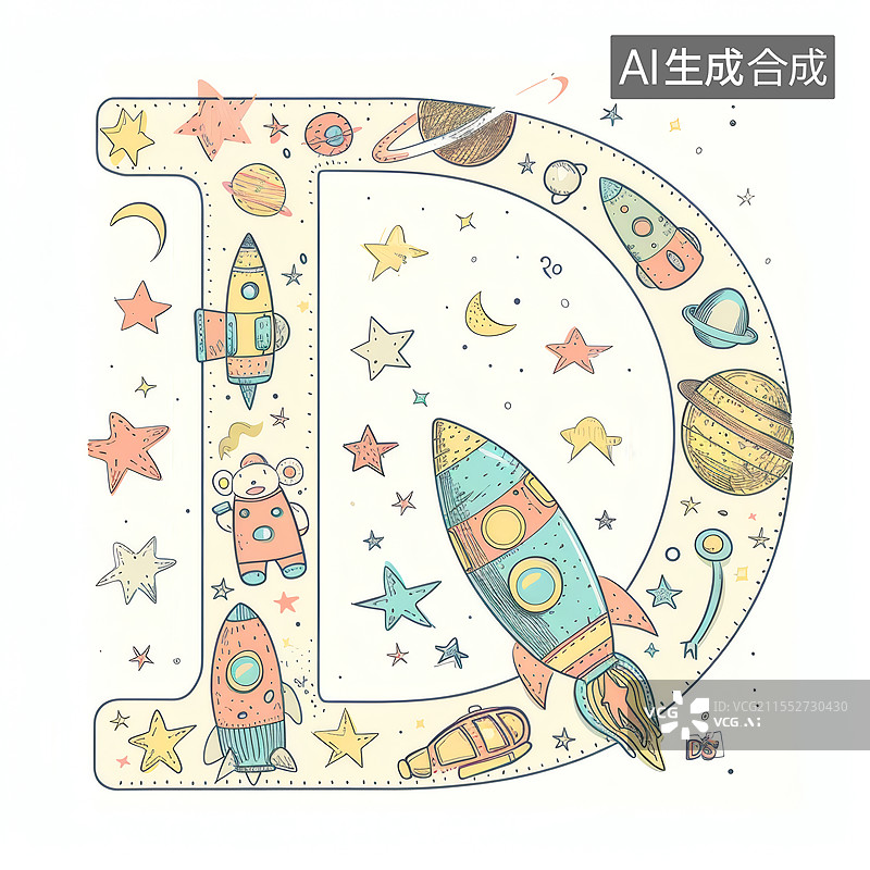 【AI数字艺术】字母D里的梦幻太空之旅图片素材