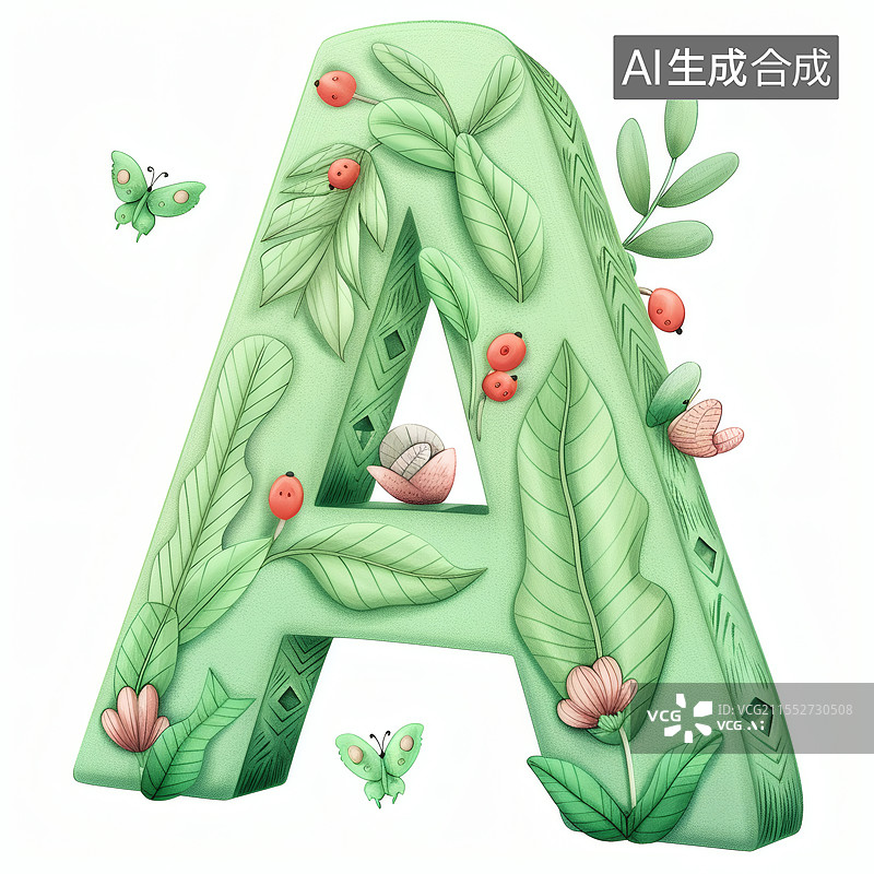 【AI数字艺术】绿叶繁花装点的创意字母A图片素材