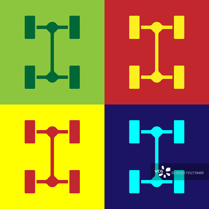 流行艺术风格的底盘汽车图标，背景为色彩丰富的设计图片素材