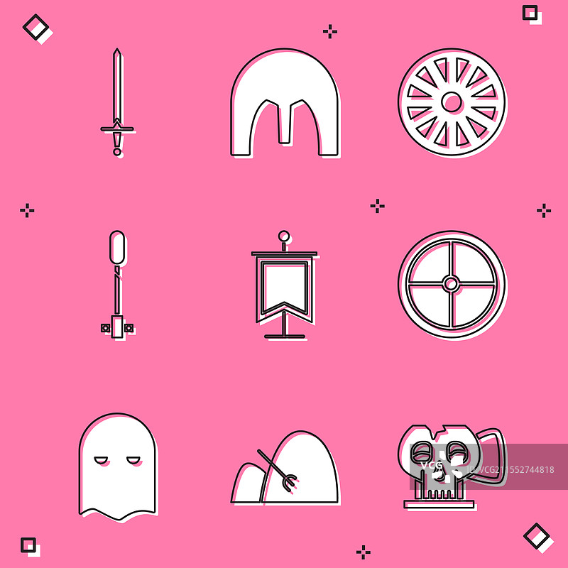 中世纪剑、铁头盔、旧木轮图片素材