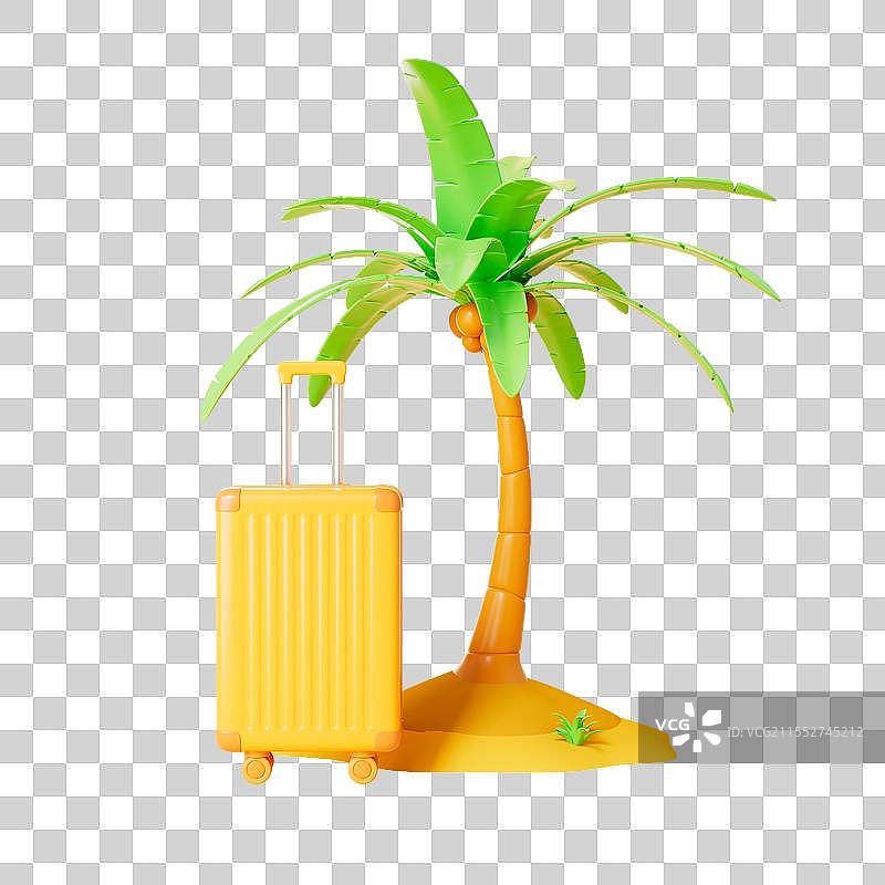 三维渲染的行李箱和椰子树免抠元素图片素材