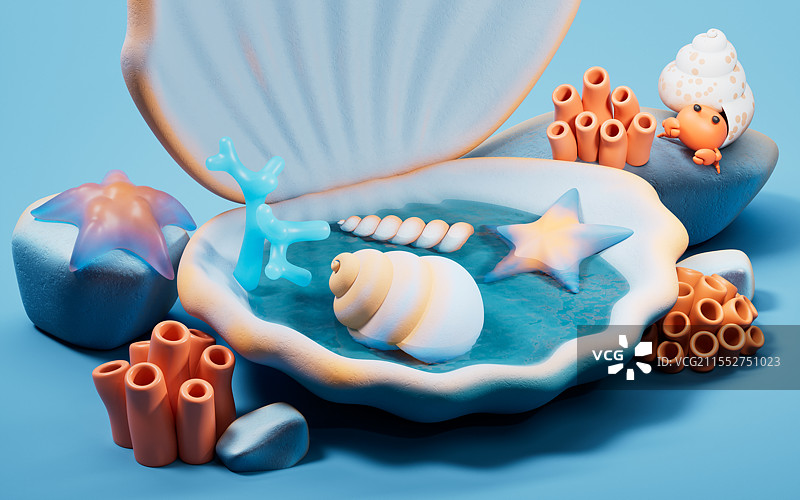 卡通风格海底贝壳生物背景三维渲染图片素材