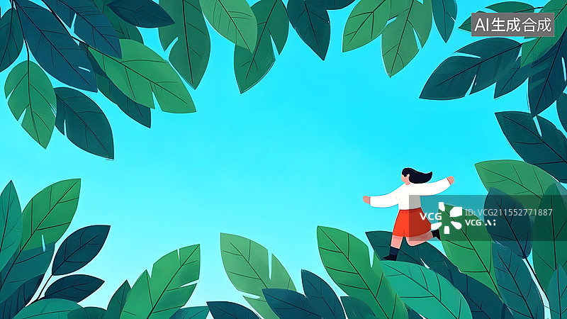【AI数字艺术】2D卡通树叶装饰背景边框插画右下图片素材