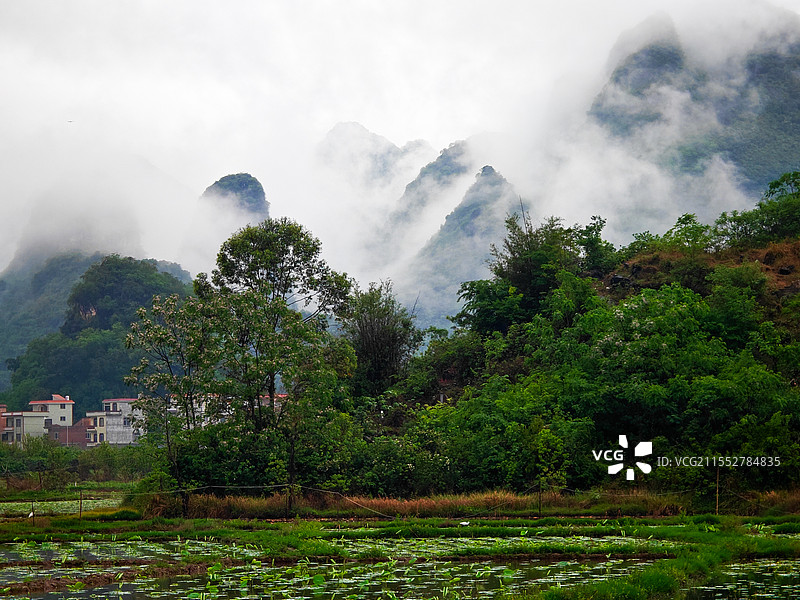 雨后烟雨蒙蒙云雾缭绕的喀斯特山区风光图片素材