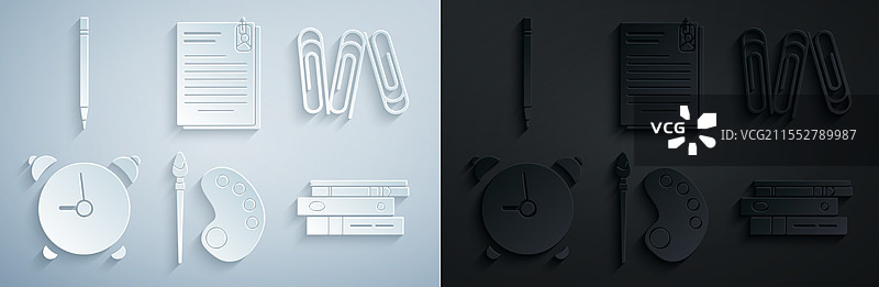 画笔、调色板、纸夹和闹钟的组合图片素材