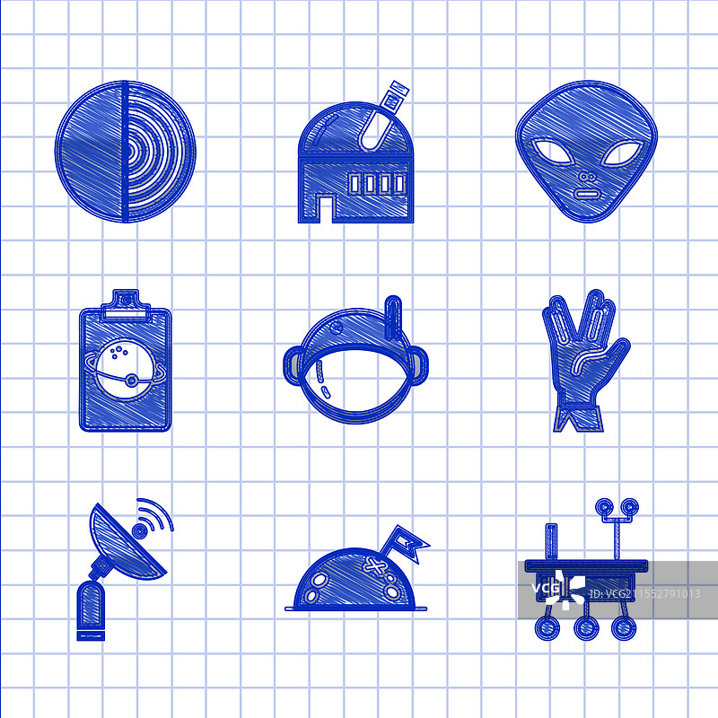 宇航员头盔、带有国旗的火星探测器和行星图片素材