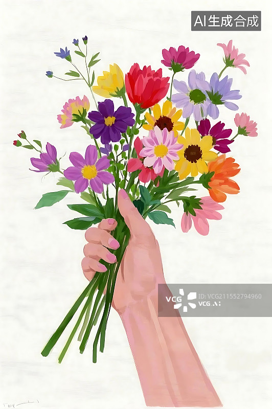 【AI数字艺术】女生节女神节国际三八妇女节手捧鲜花白色背景油画图片素材