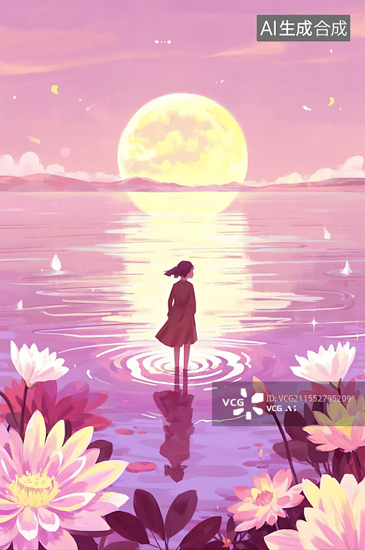 【AI数字艺术】女生节女神节国际三八妇女节月光下湖面上的女性图片素材