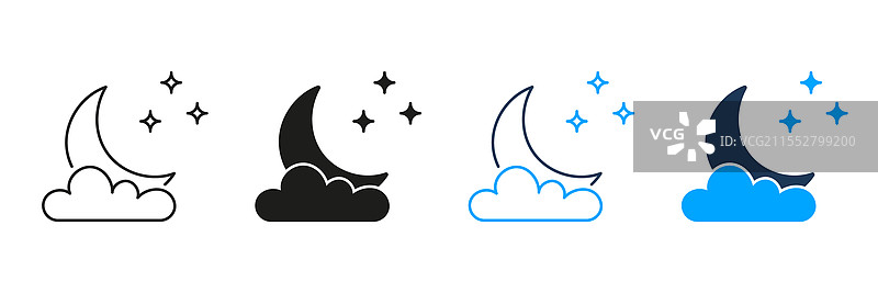 新月与云朵和星星的线条图案图片素材