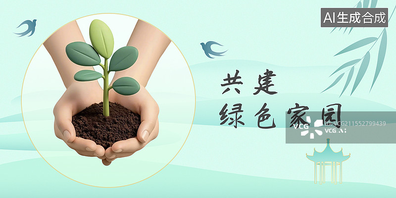 【AI数字艺术】共建绿色家园手捧树木海报模板图片素材