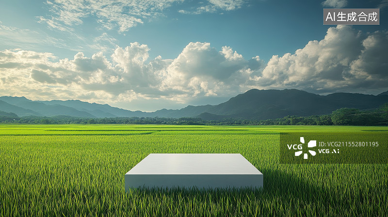 【AI数字艺术】户外绿色农田里搭建的白色展示平台，乡村振兴农业农产品电商促销展示图片素材