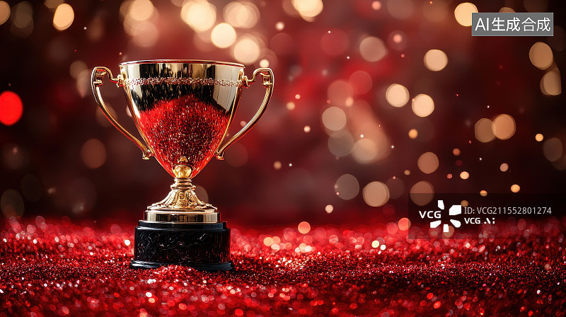 【AI数字艺术】红色背景与金色奖杯，比赛活动获奖庆祝海报背景图片素材