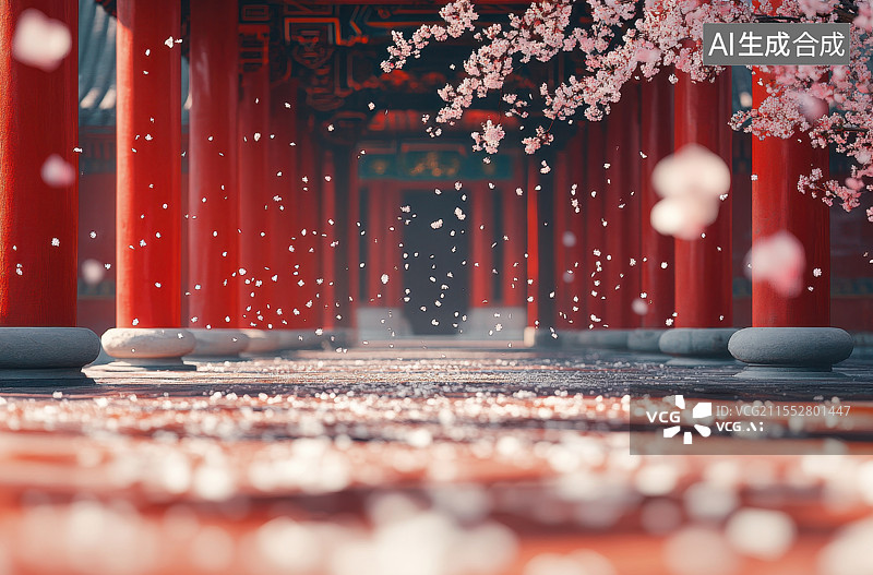 【AI数字艺术】东方古建筑古典红色柱子散落地面的花和春天盛开的桃花樱花植物图片素材