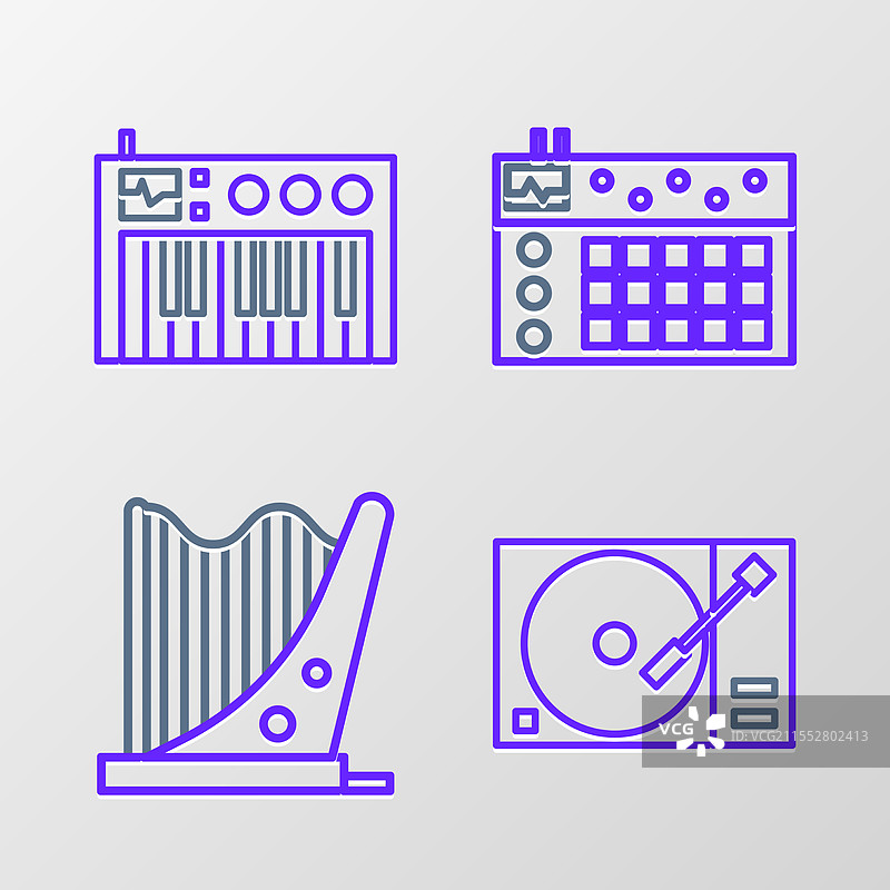 设置线性黑胶唱机与黑胶唱片、竖琴和鼓图片素材
