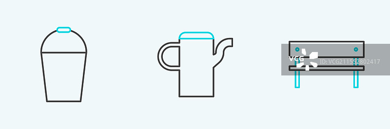 线条风格的长凳、桶和浇水壶图标图片素材