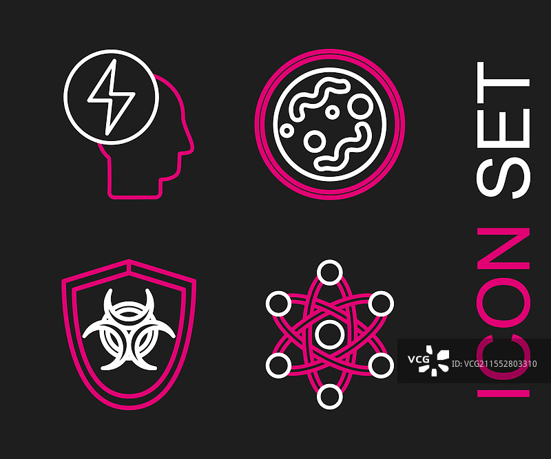 在盾牌上设置线条原子生物危害符号与细菌图片素材