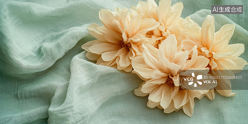 【AI数字艺术】艺术春季贺卡背景浅绿亚麻纹理上的复古菊花束产品展示、装饰元素和复古风格促销材料的抽象营销设计海报图片素材