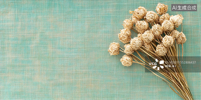 【AI数字艺术】艺术春季贺卡背景浅绿亚麻纹理上的复古菊花束产品展示、装饰元素和复古风格促销材料的抽象营销设计海报图片素材