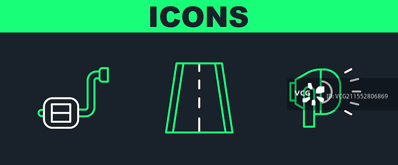 设置线条自行车头灯踏板和车道图标图片素材