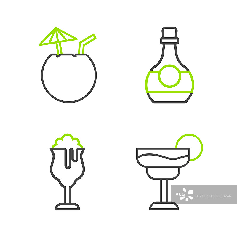 一组鸡尾酒杯、啤酒瓶和干邑酒图片素材