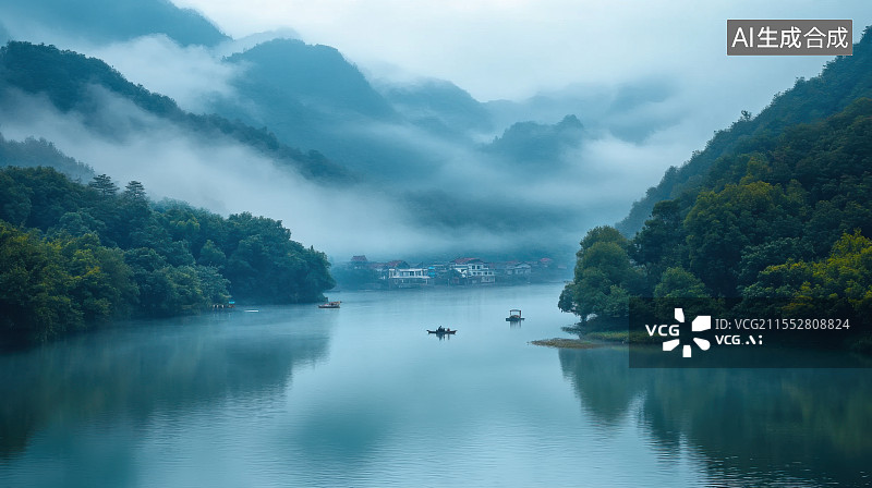 【AI数字艺术】中国风山水迷雾森林湖面晨雾绿色树林图片素材