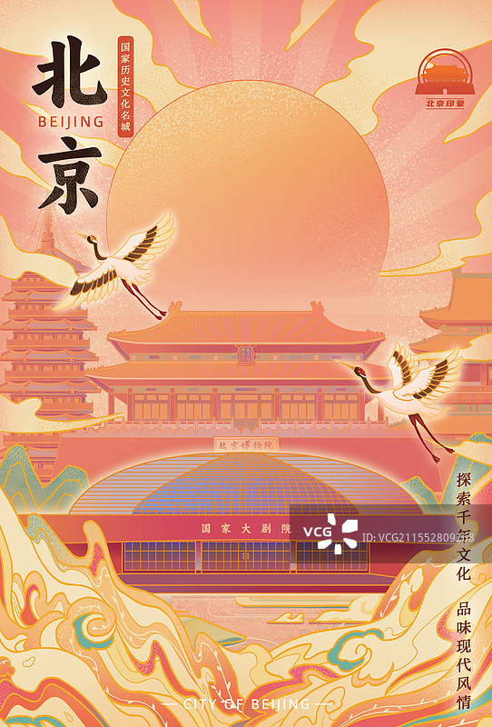 北京国潮风城市印象故宫博物院雁栖湖钟鼓楼国家大剧院宣传文旅海报图片素材