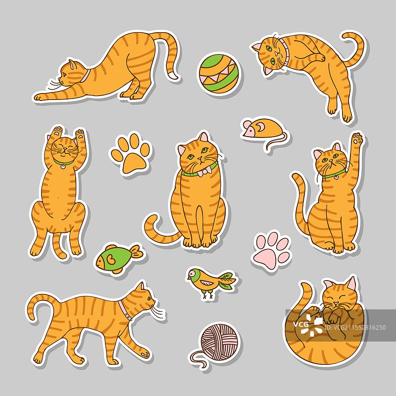 一套红色虎斑猫和玩具的贴纸图片素材