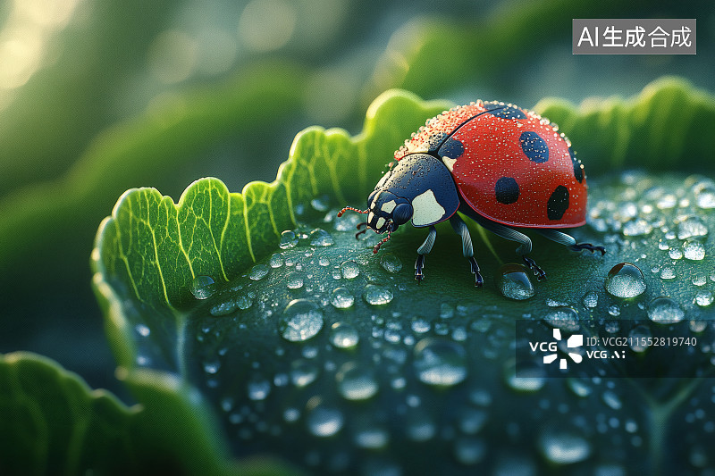 【AI数字艺术】清晨，沾着水珠的菜叶上，栖息着一只瓢虫图片素材