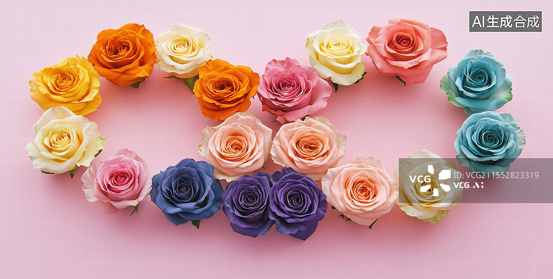 【AI数字艺术】一束精心排列成心形的玫瑰花。花朵的颜色丰富多彩，包括红色、粉色、橙色和黄色.图片素材