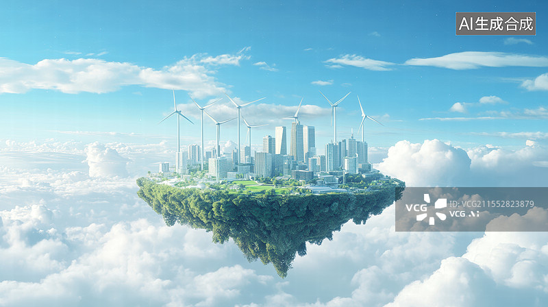 【AI数字艺术】一个未来主义的空中城市，悬浮在云层之上。城市中心有现代化的高楼大厦图片素材