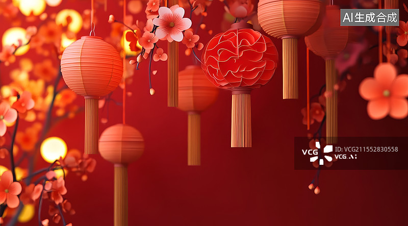 【AI数字艺术】灯笼花朵红色剪纸图片素材